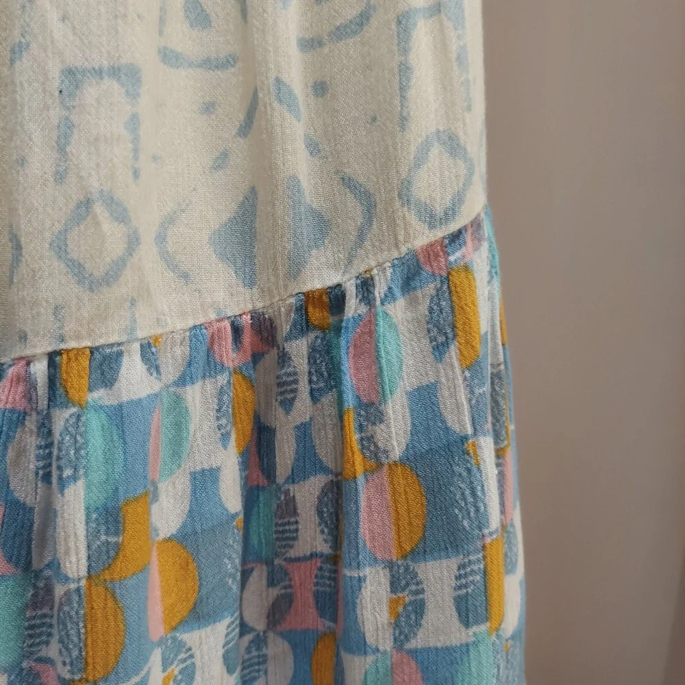 Free People Naomi Blue Mixed Print Ruffle Mini Skirt L Tie Belt Boho Festival